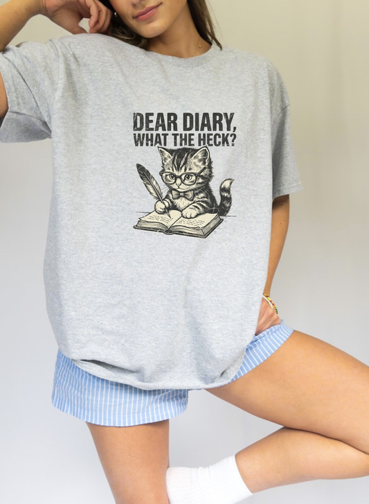 Funny cat diary shirt with kitten writing what the heck quote