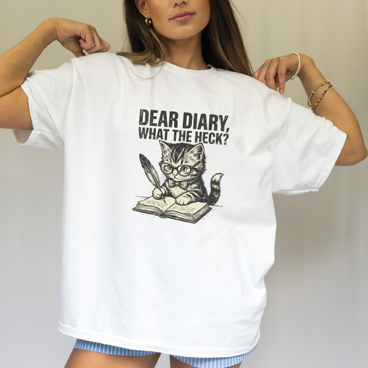 Funny cat diary shirt with kitten writing what the heck quote