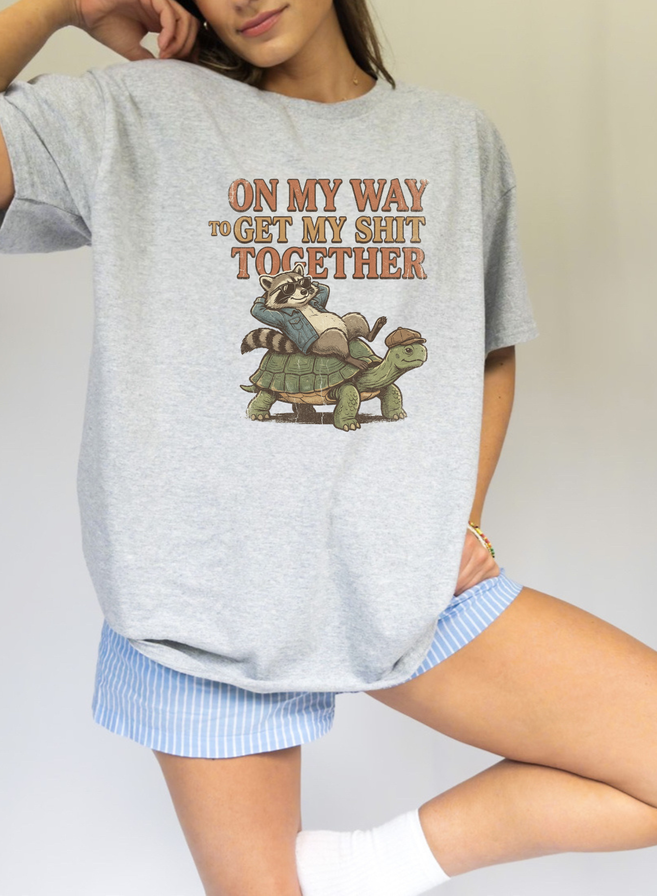Funny raccoon shirt riding a turtle with on my way to get my life together quote