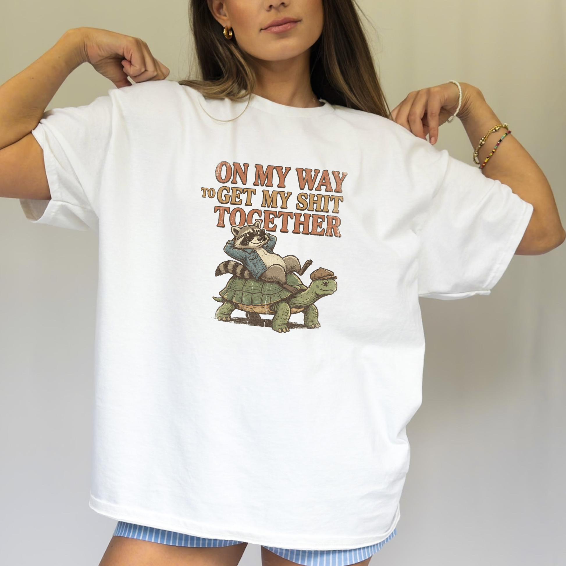 Funny raccoon shirt riding a turtle with on my way to get my life together quote.